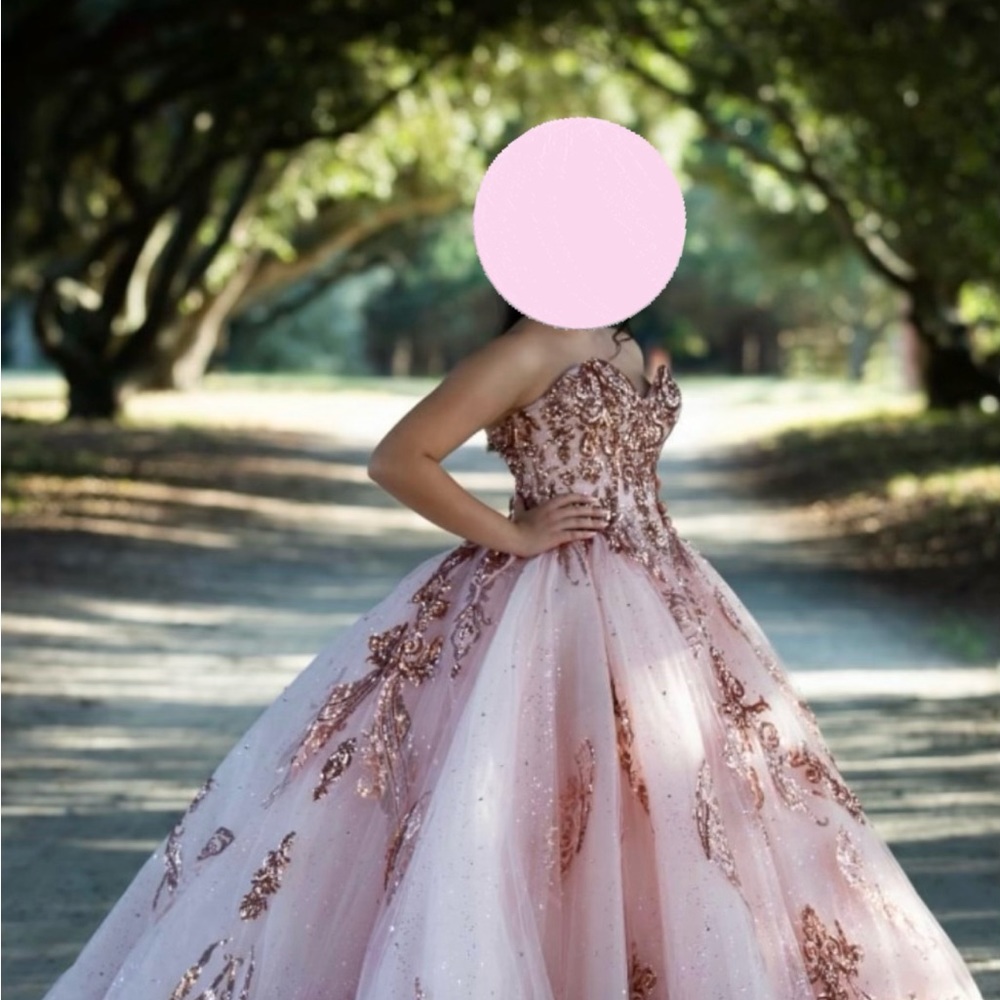 Rose Gold Morilee Quiceanera dress size 4 but fits up to size 8. Asking $400.